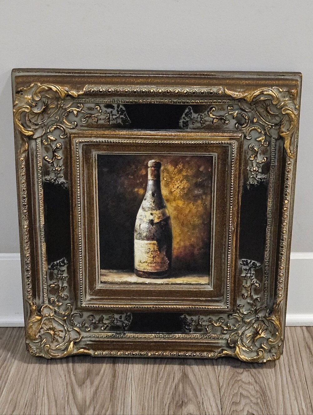 Vintage Oil Painting Still Life Wine Bottle Artwork Ornate Baroque Frame